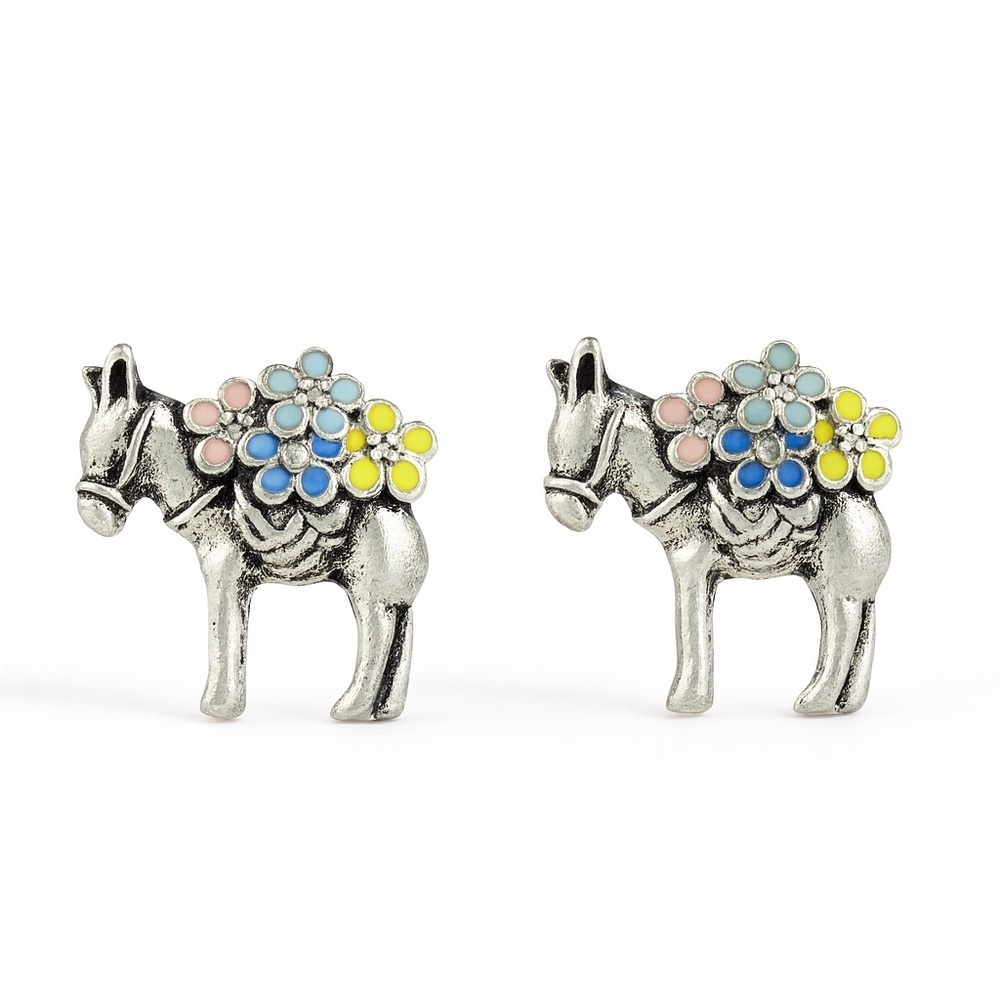 Minimalist Silver Donkey Earrings with Enamel Accents